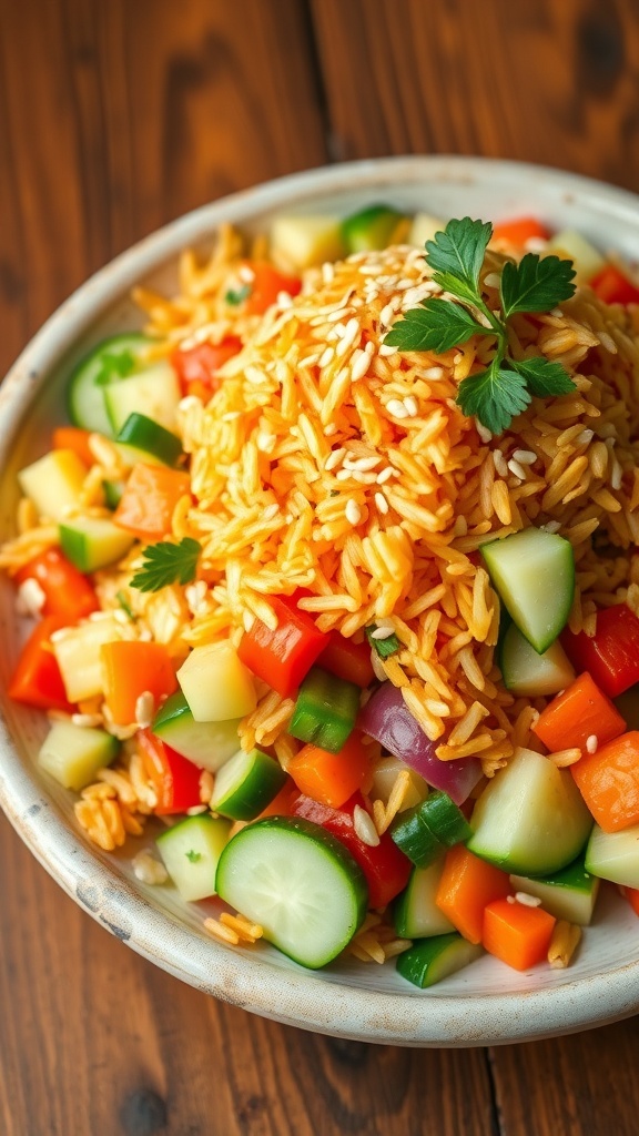 Crispy Rice Salad Recipe A colorful crispy rice salad with bell peppers, cucumbers, carrots, and crispy rice, garnished with sesame seeds in a rustic bowl.
